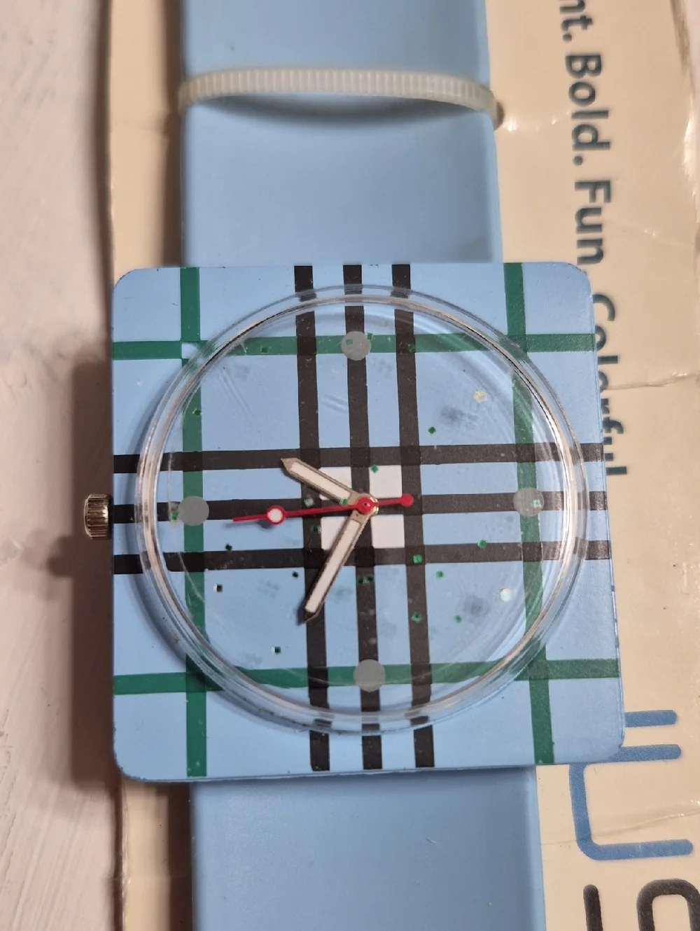 Vintage MMG Bands Just- -Slap-it-on Blue Silicone Plaid Square Face Watch New